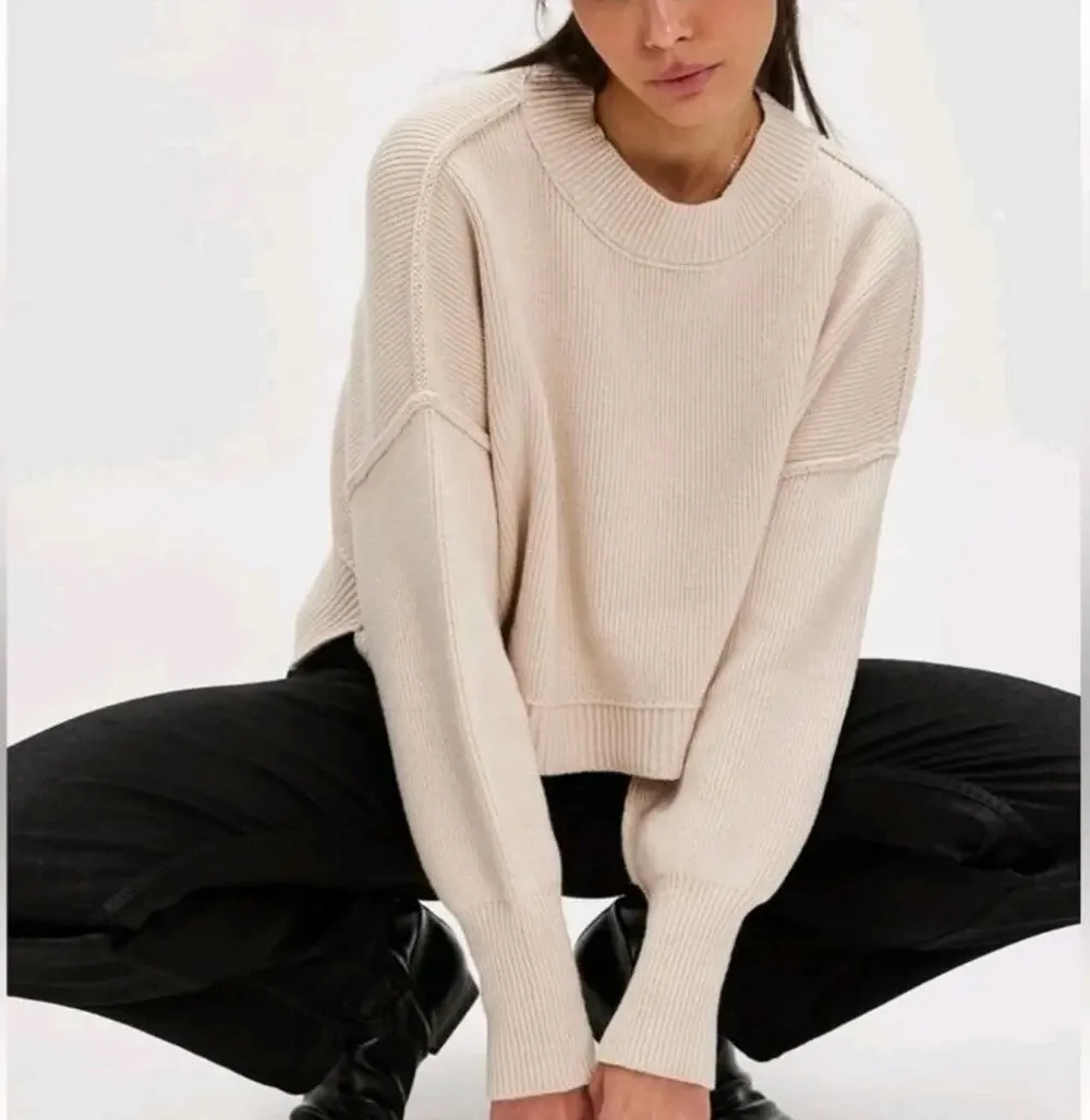 Free People Easy Street Crop Pullover Sweater Medium Moonglow Ivory Cream Ribbed